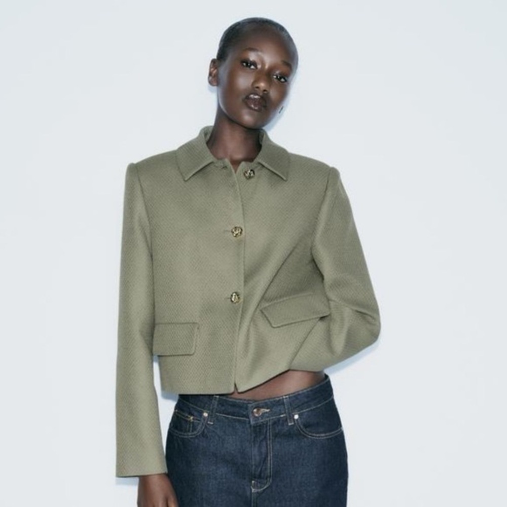 NWT Zara Pique Blazer Army Khaki Collared Shoulder Pads Sz M